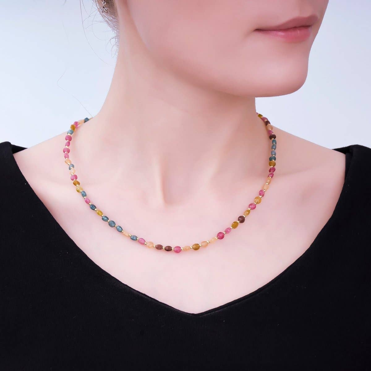 24K Gold Filled 4.5mm Multicolor Natural Gemstone Round Bead 17 Inch Necklace | WA-3151
