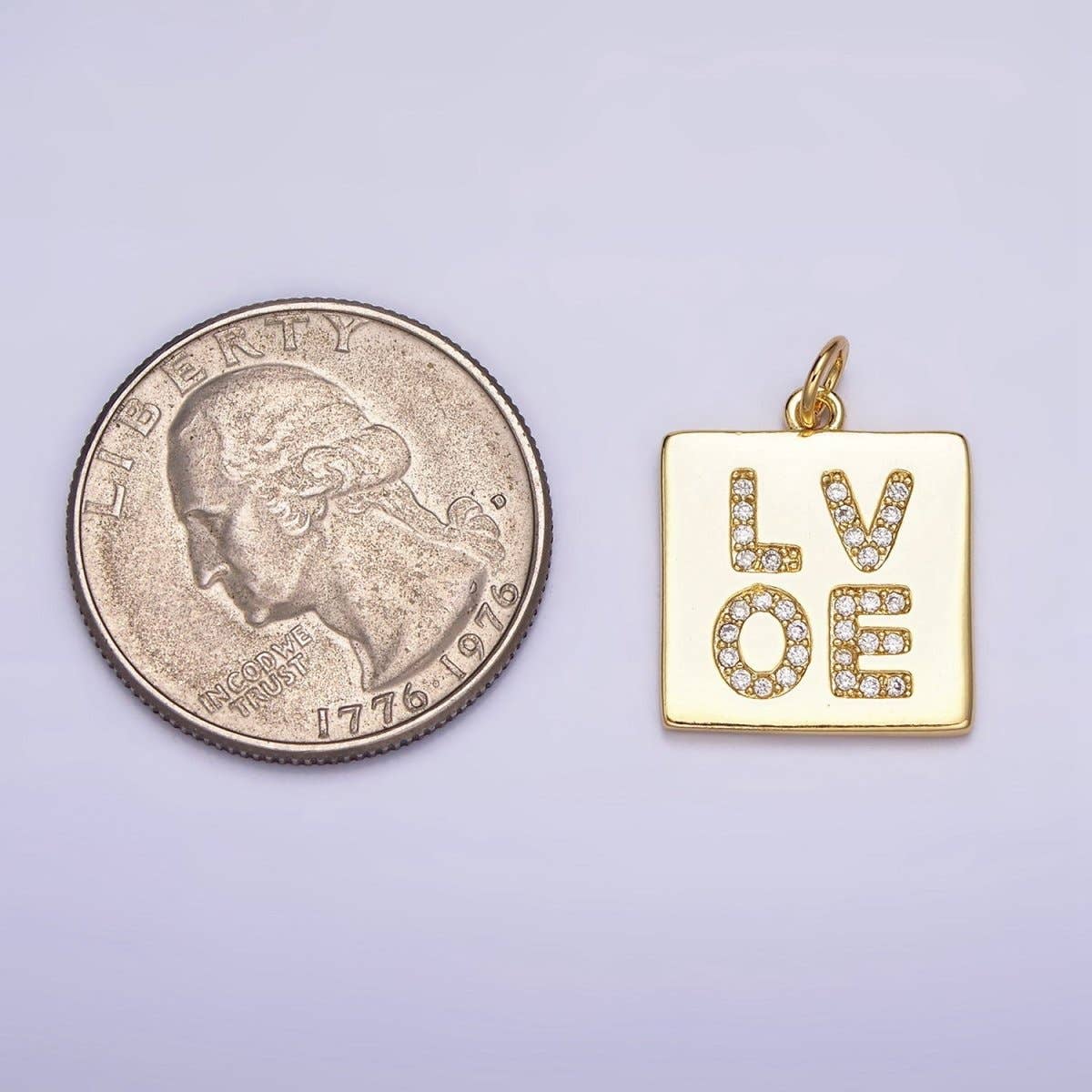 16K Gold Filled "LOVE" Script Micro Paved CZ Square Charm