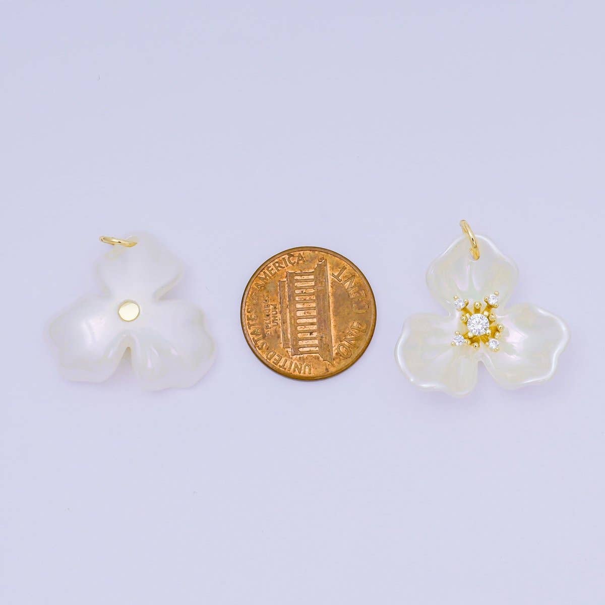 24K Gold Filled 22mm Round CZ Acrylic Art White Orchid Bloom Flower Charm | N-151