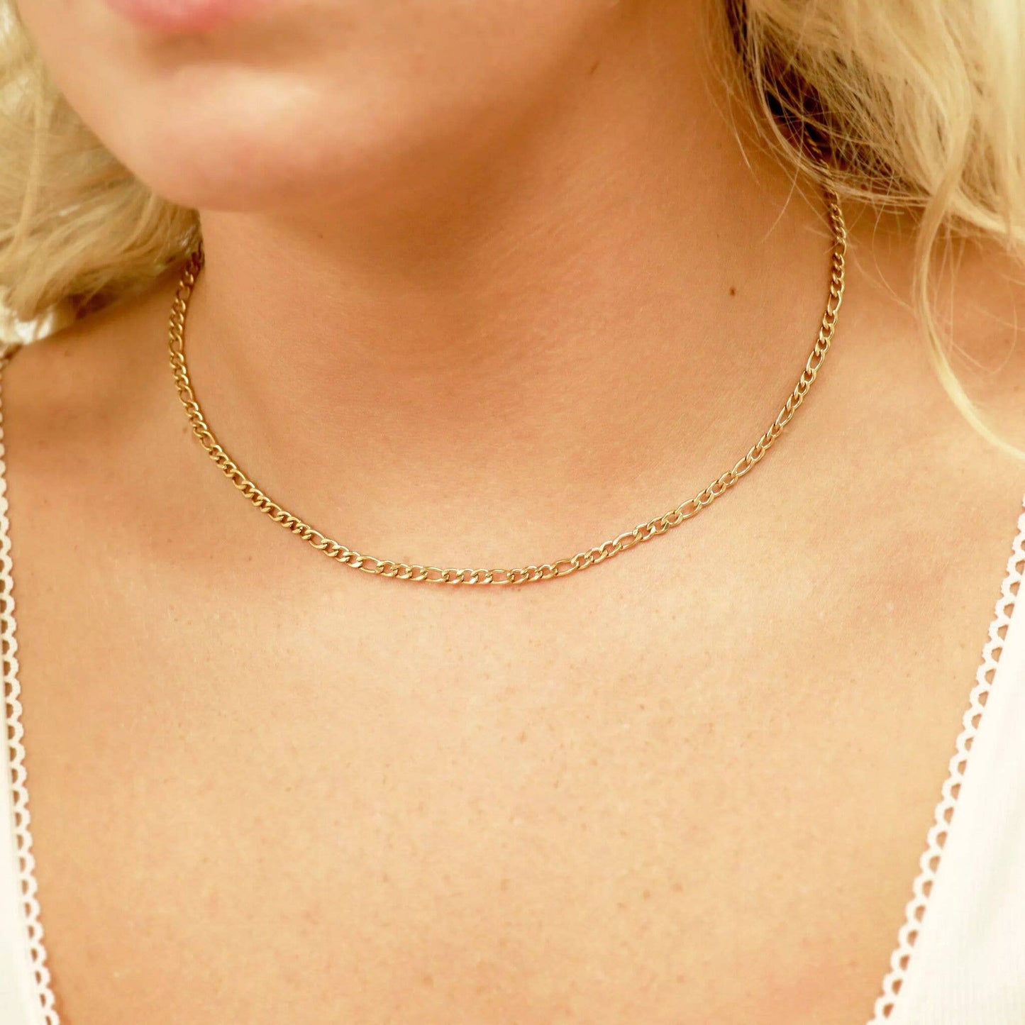 18K Gold Figaro Chain Necklace: 14" / 3mm