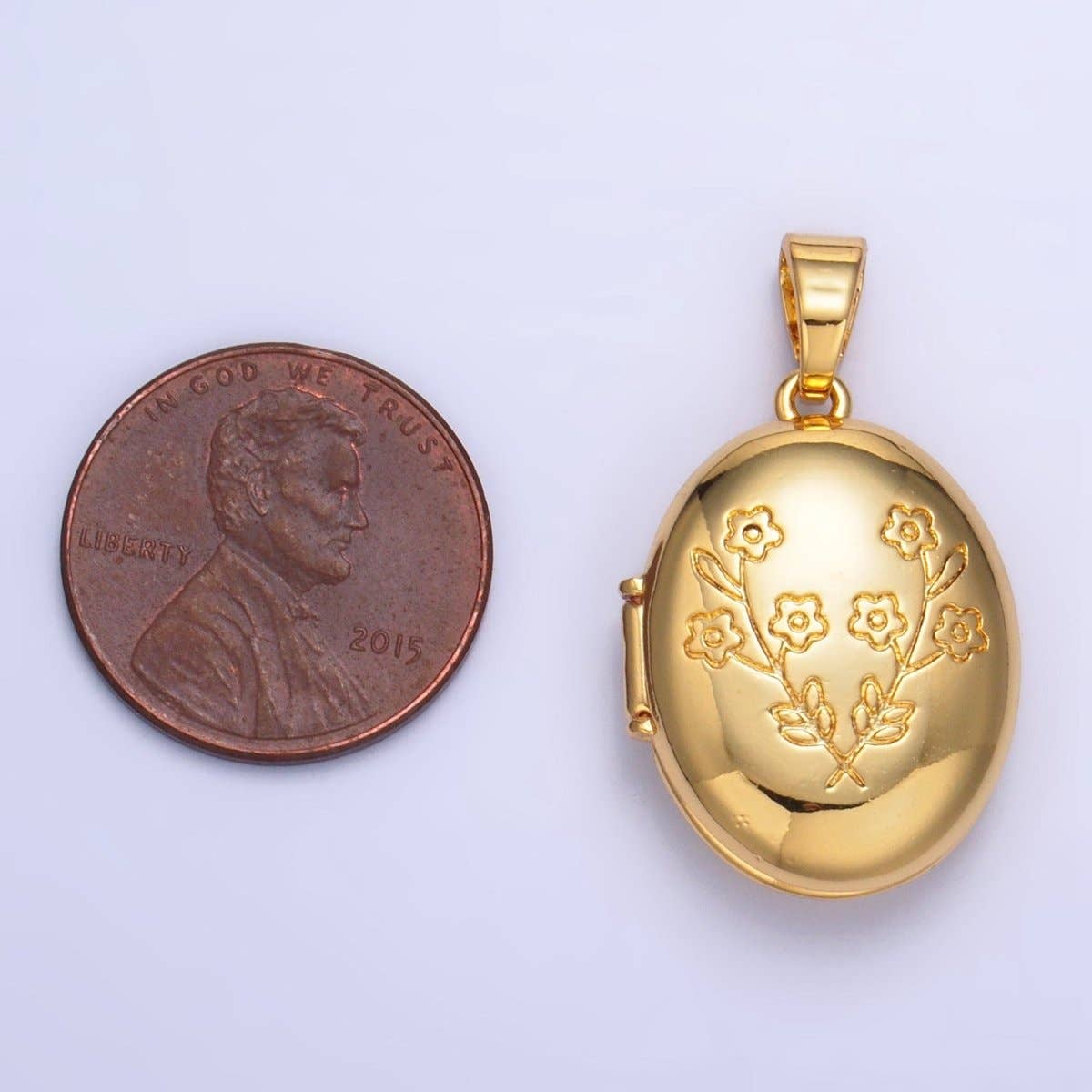 24K Gold Filled Dual Flower Engraved Oval Locket Pendant in Gold & Silver | AA1007: Silver