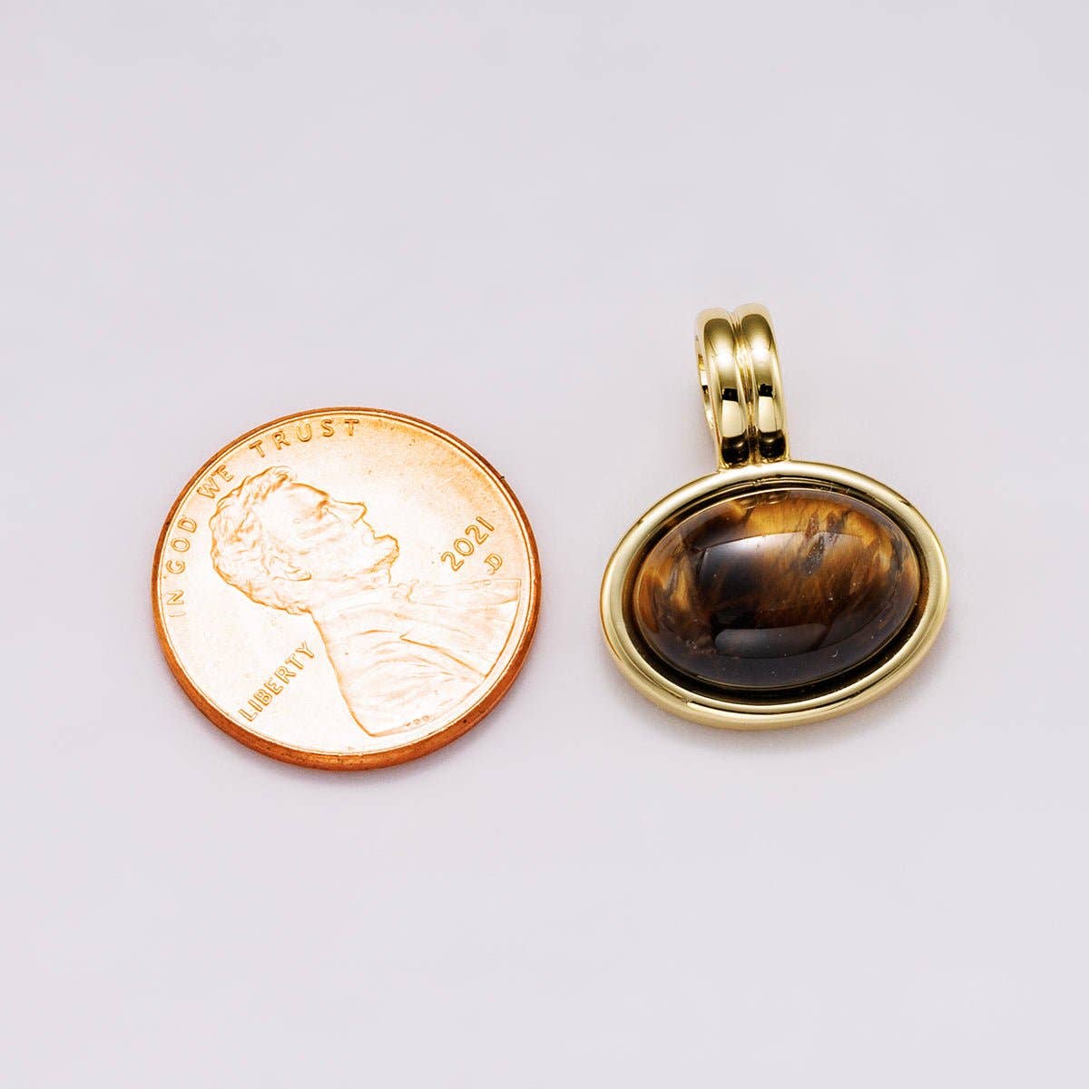 16K Gold Filled 21mm Tiger Eye Cabochon Natural Gemstone Oval Bezel Pendant | Charms-00548