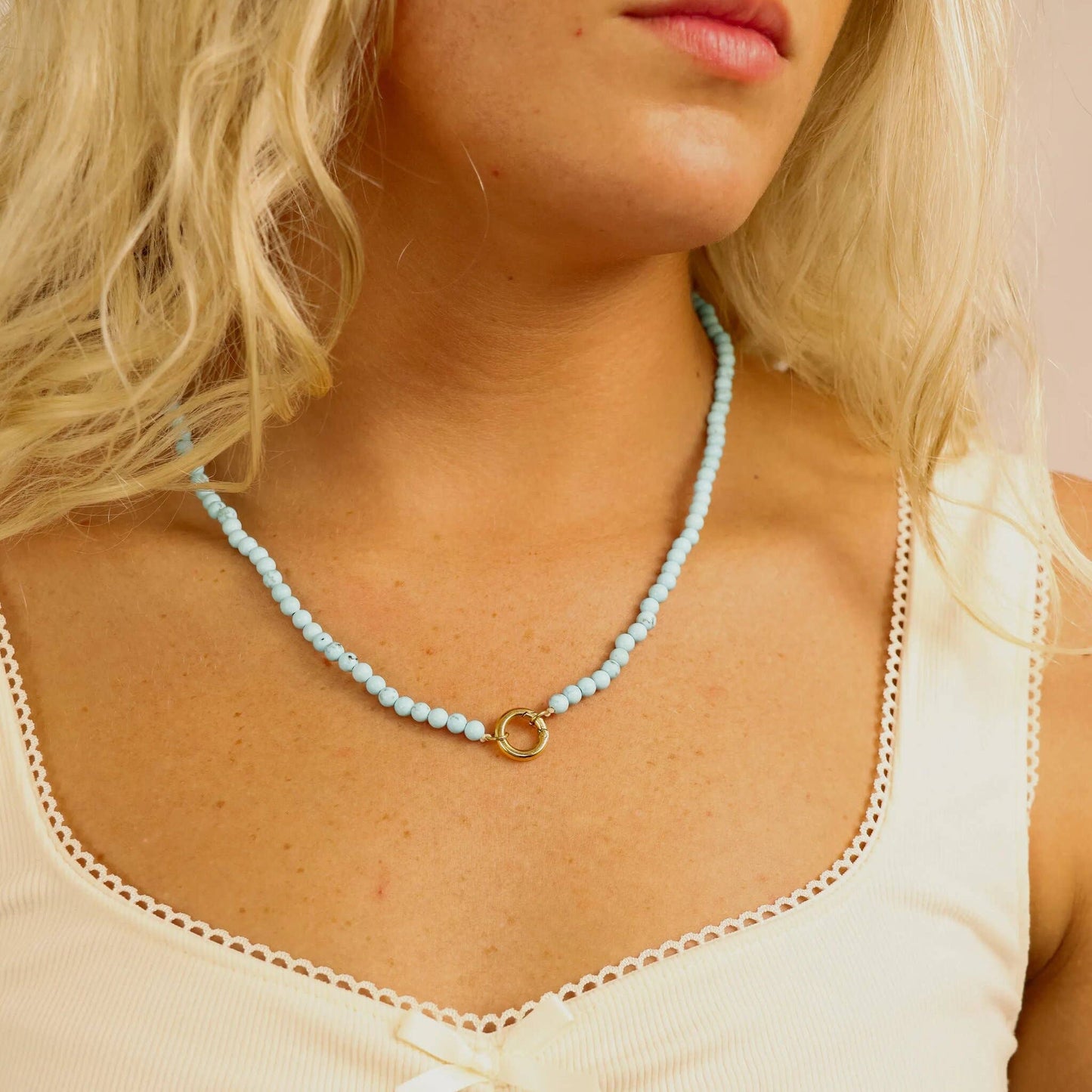 Semi Precious Natural Stone Charm Keeper Necklace: Amazonite