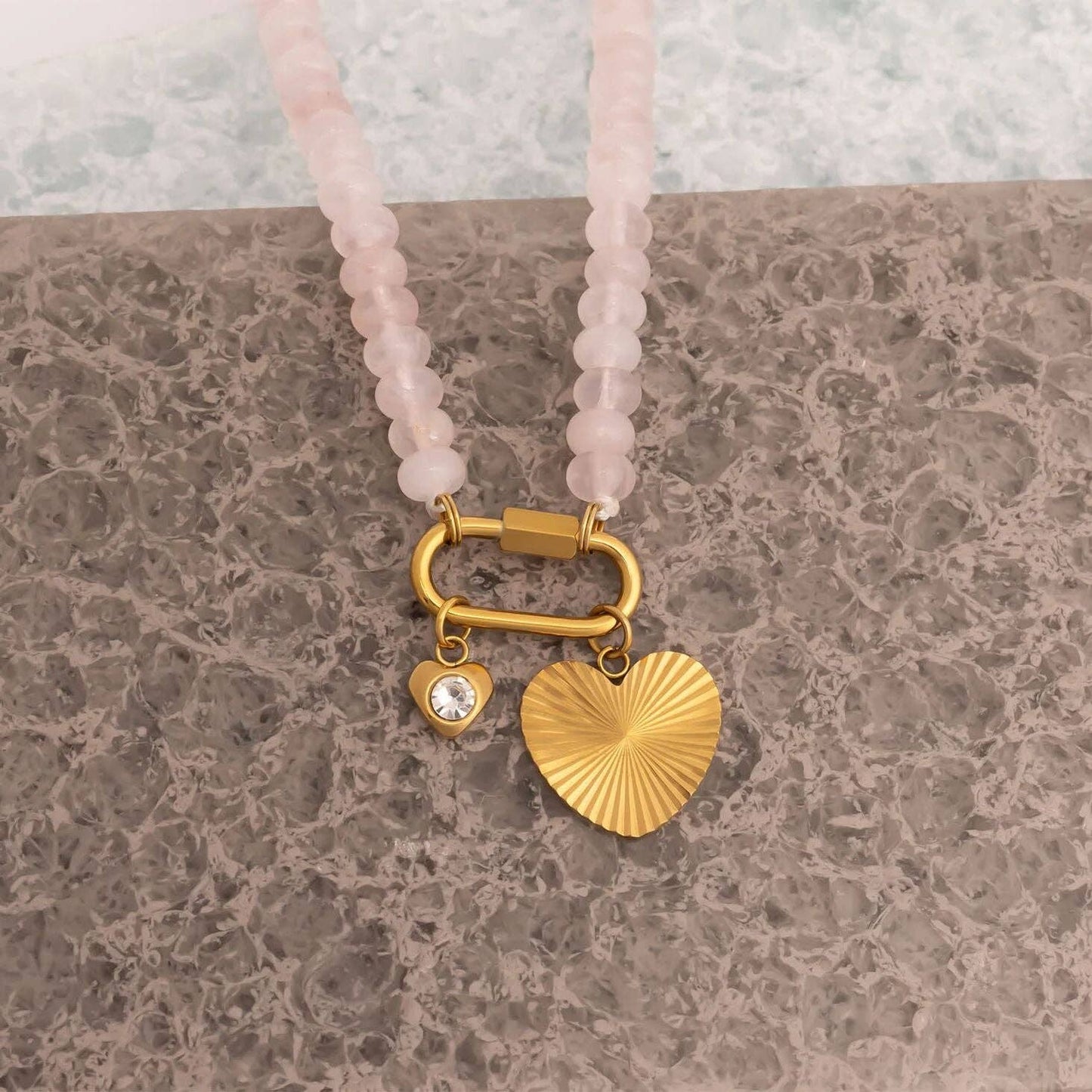 Stainless Steel Pink Chunky Glass Bead Carabiner Necklace: Gold