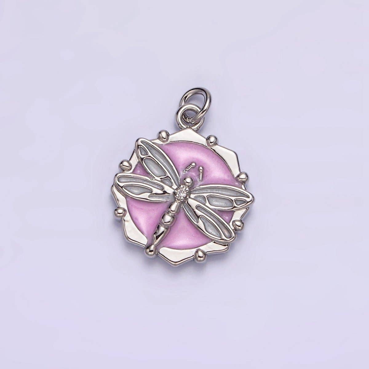 16K Gold Filled Dragonfly Insect White, Pink, Blue Sparkly Enamel Hexagonal Charm | AC1555 - AC1560: Silver / White