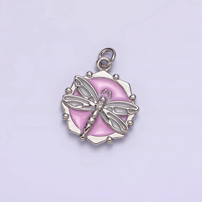 16K Gold Filled Dragonfly Insect White, Pink, Blue Sparkly Enamel Hexagonal Charm | AC1555 - AC1560: Silver / White