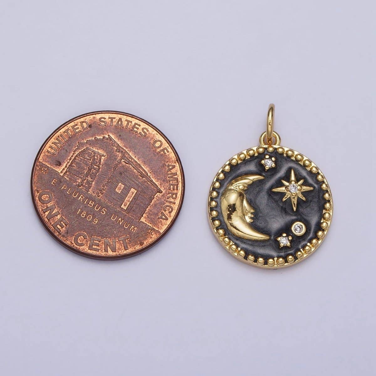 Celestial Crescent Moon Stars Round Black Enamel Charm in Gold & Silver | AC254 AC255: Silver
