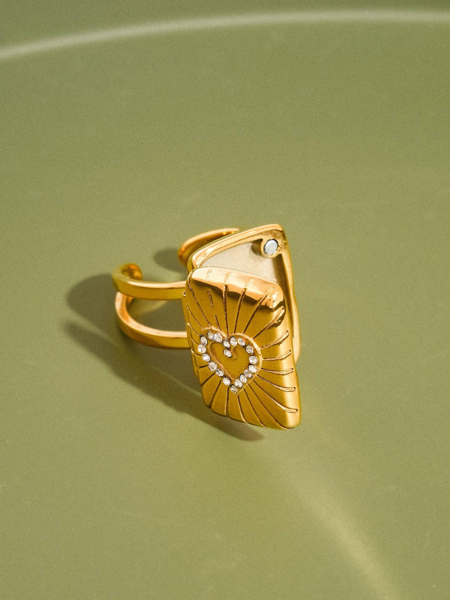 18K Gold Non-Tarnish CZ Heart Locket Ring