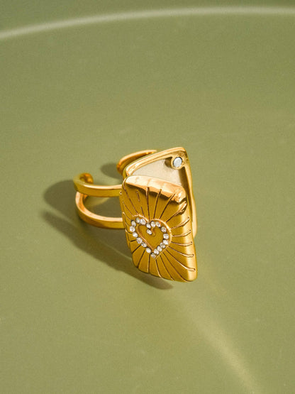 18K Gold Non-Tarnish CZ Heart Locket Ring