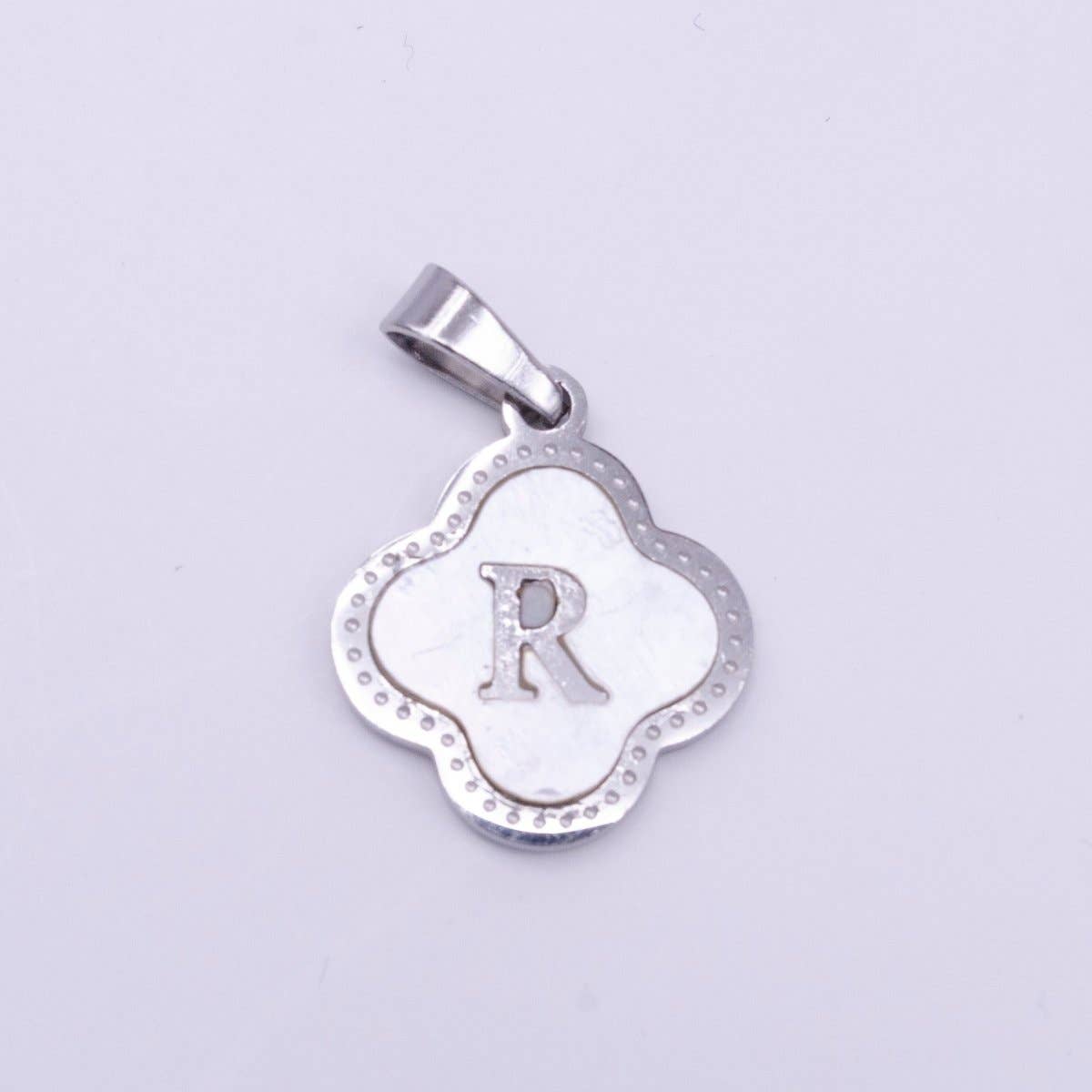 Stainless Steel A-Z Initial Letter Shell Pearl Quatrefoil Clover Silver Pendant Lucky Charm | A-754-A-766: ALL INITIAL