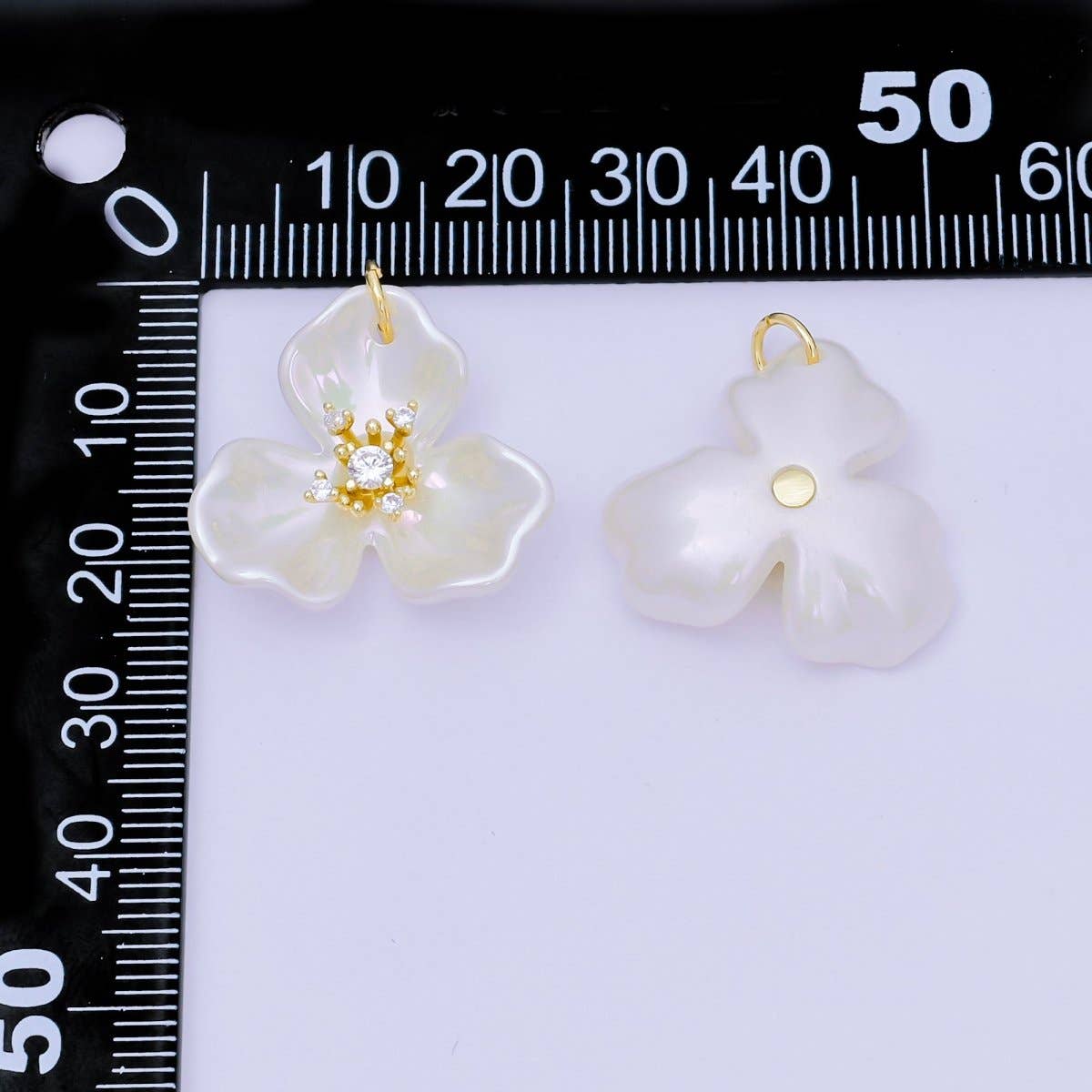24K Gold Filled 22mm Round CZ Acrylic Art White Orchid Bloom Flower Charm | N-151