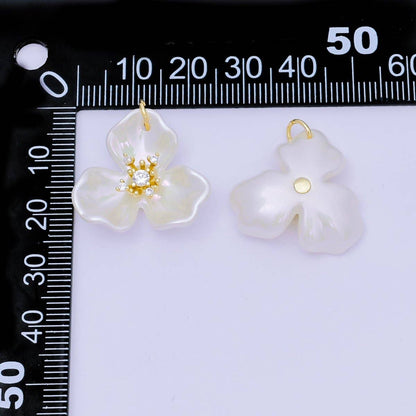 24K Gold Filled 22mm Round CZ Acrylic Art White Orchid Bloom Flower Charm | N-151