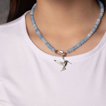 Stainless Steel  Blue Chunky Glass Bead Carabiner Necklace: Gold