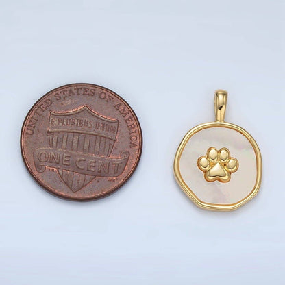 24K Gold Filled Pet Paw Print Shell Pearl Stamped Round Pendant | AA1371