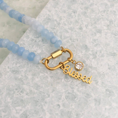 Stainless Steel  Blue Chunky Glass Bead Carabiner Necklace: Gold