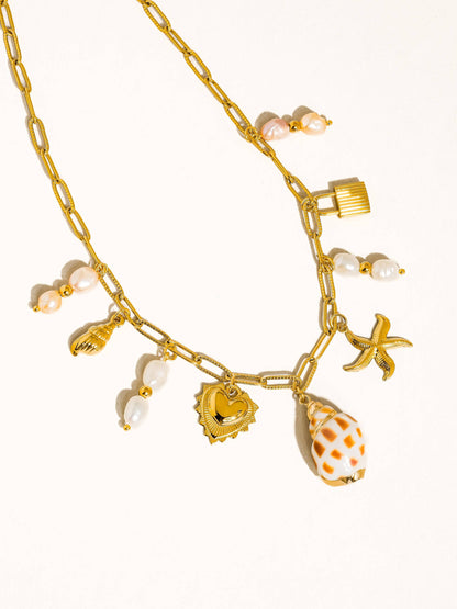 Ophélie 18K Gold Non-Tarnish Shell and Pearl Charm Necklace: Yellow Gold