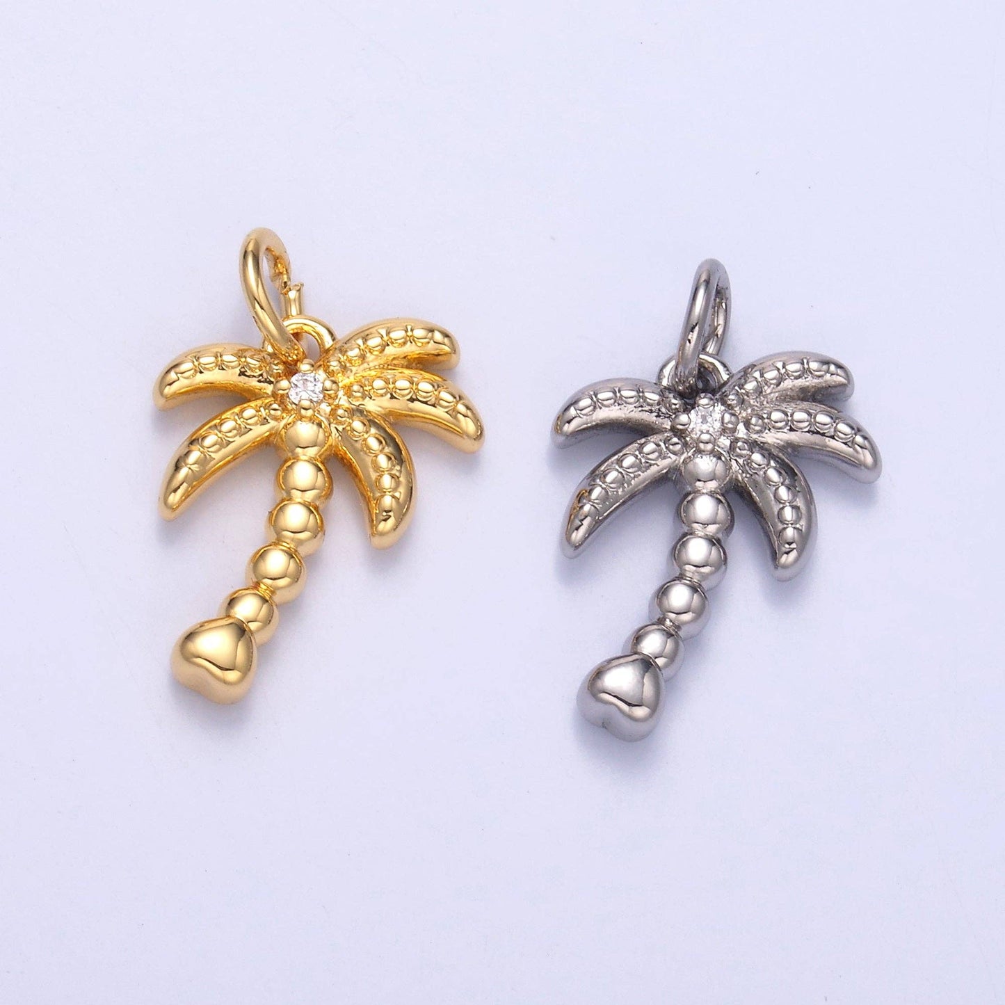 24K Gold Filled CZ Dotted Nature Palm Tree 3D Multidimensional Charm in Gold & Silver | N019: Silver