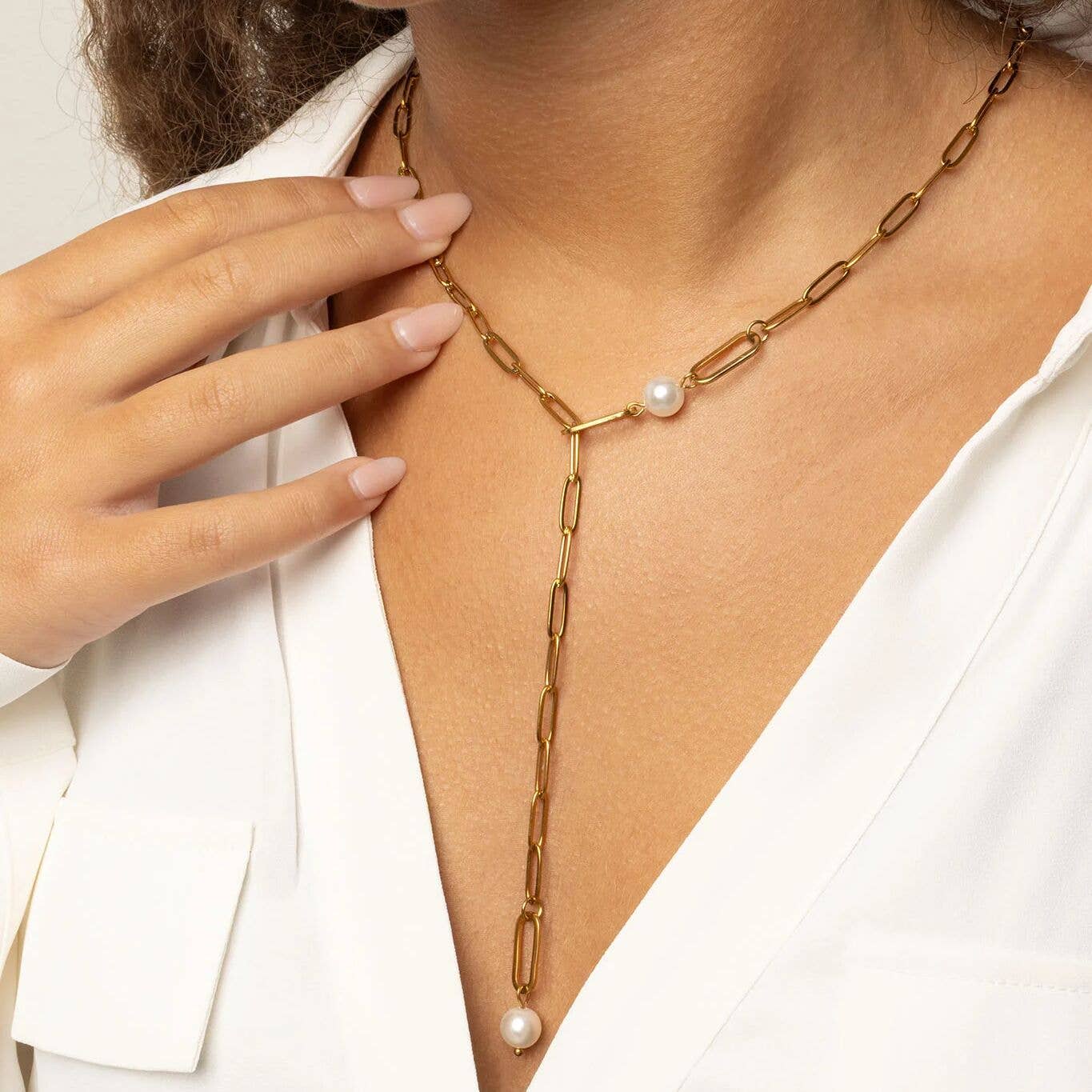 18K Gold PVD Stainless Steel Y Paperclip Necklace with Pearl: Gold