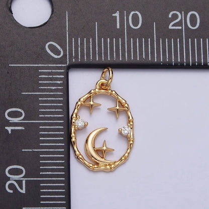 16K Gold Filled Celestial Crescent Moon Stars CZ Open Oval Charm in Gold & Silver N-247 AC-275: Gold