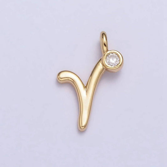 Gold Initial Alphabet Lower Case Cursive Letter Clear CZ Personalized Charm | A-507-A-519: Letter R