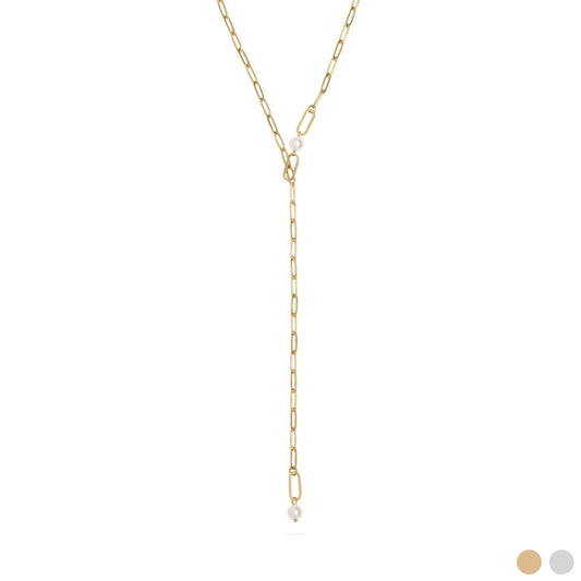 18K Gold PVD Stainless Steel Y Paperclip Necklace with Pearl: Gold