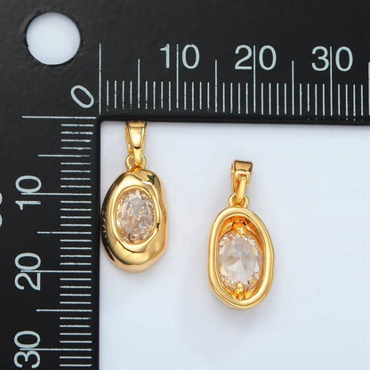 24K Gold Filled Clear CZ Oval Hammered Bezel Pendant | H792