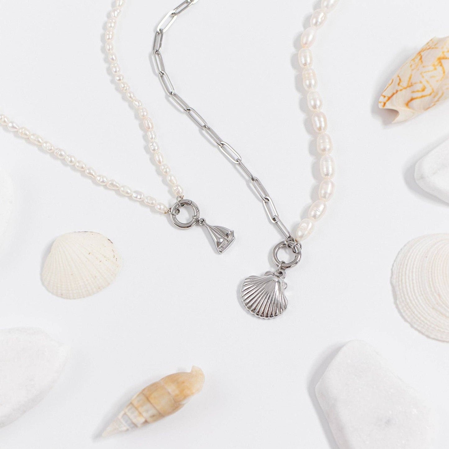 Freshwater Pearl Paperclip Split Chain Charm Holder Necklace: Stainless