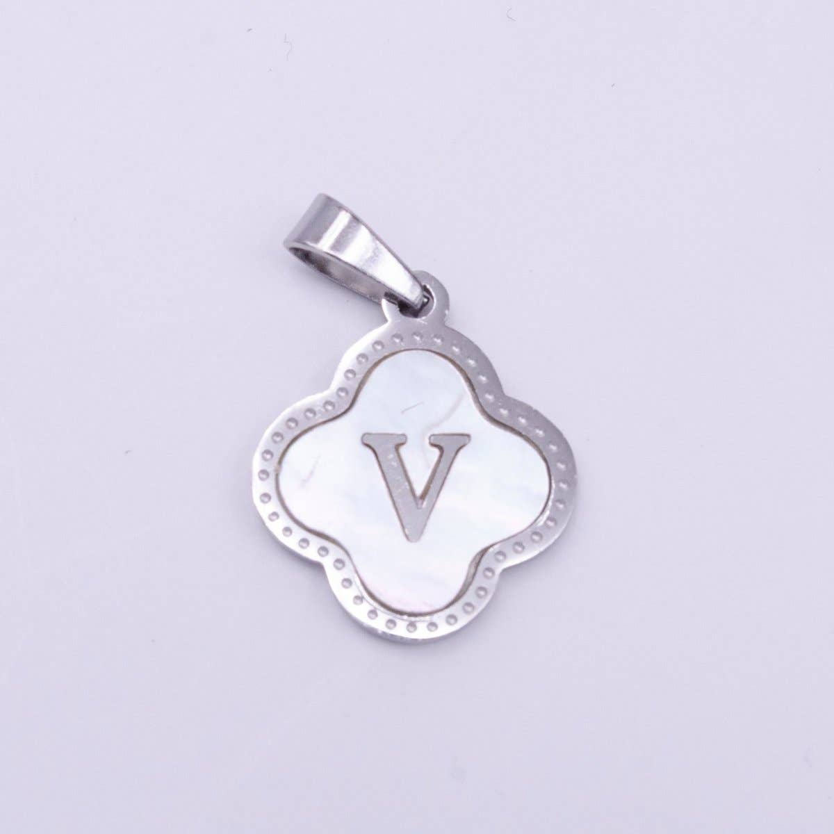 Stainless Steel A-Z Initial Letter Shell Pearl Quatrefoil Clover Silver Pendant Lucky Charm | A-754-A-766: ALL INITIAL