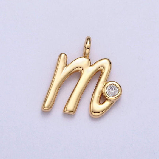 Gold Initial Alphabet Lower Case Cursive Letter Clear CZ Personalized Charm | A-507-A-519: Letter M