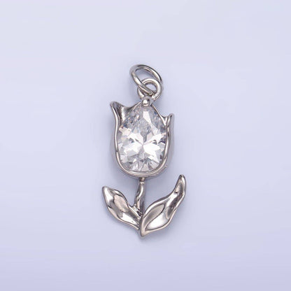 24K Gold Filled Clear, Pink CZ Tulip Charm in Gold & Silver | W819 W820 M182: Silver / Purple