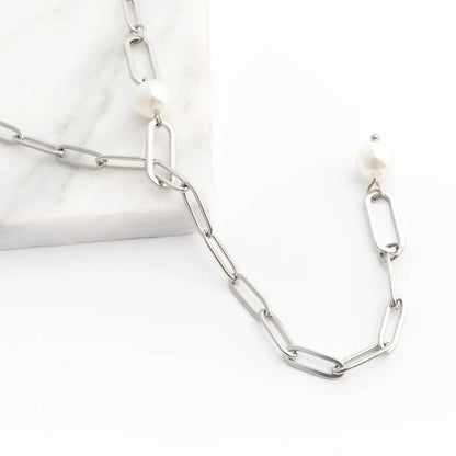 18K Gold PVD Stainless Steel Y Paperclip Necklace with Pearl: Gold