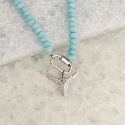 Stainless Steel Turquoise Chunky Bead Carabiner Necklace: Gold