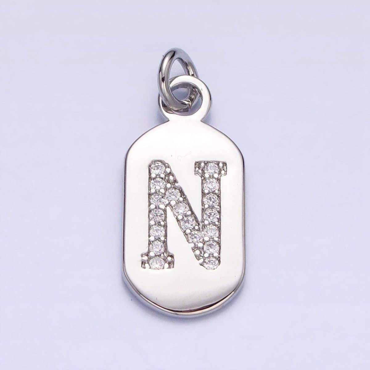 Silver Rectangular Tag CZ Clear Micro Paved Personalized Initial Alphabet Name Tag Charm | A-A1887-A-A1899: ALL INITIAL