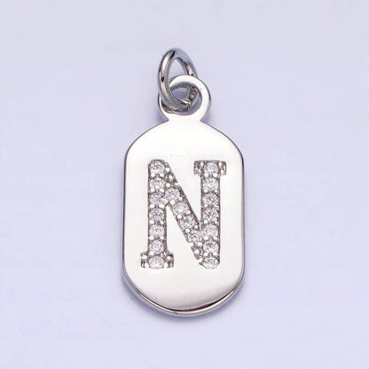 Silver Rectangular Tag CZ Clear Micro Paved Personalized Initial Alphabet Name Tag Charm | A-A1887-A-A1899: ALL INITIAL
