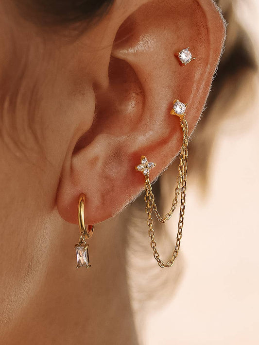 18K Gold Non-Tarnish CZ Chain Earring Set