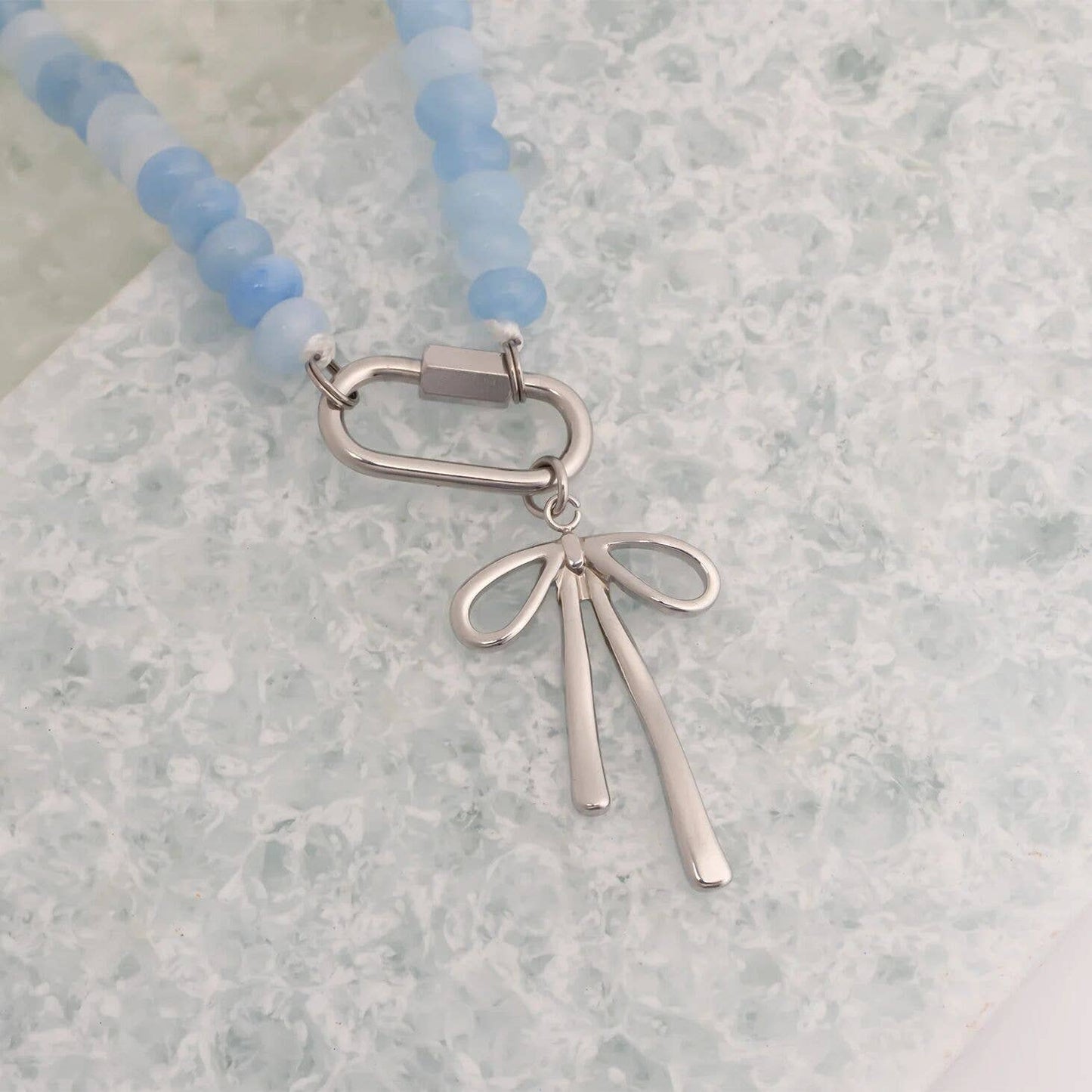 Stainless Steel  Blue Chunky Glass Bead Carabiner Necklace: Gold