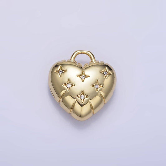 24K Gold Filled Star CZ Puffed Heart Charm in Gold & Silver | H035: Gold