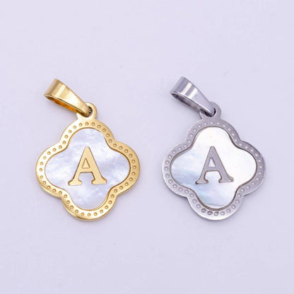 Stainless Steel A-Z Initial Letter Shell Pearl Quatrefoil Clover Silver Pendant Lucky Charm | A-754-A-766: ALL INITIAL