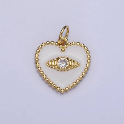 Gold, Silver Evil Eye Clear CZ White Enamel Beaded Heart Charm | AC999 AC1000: Silver