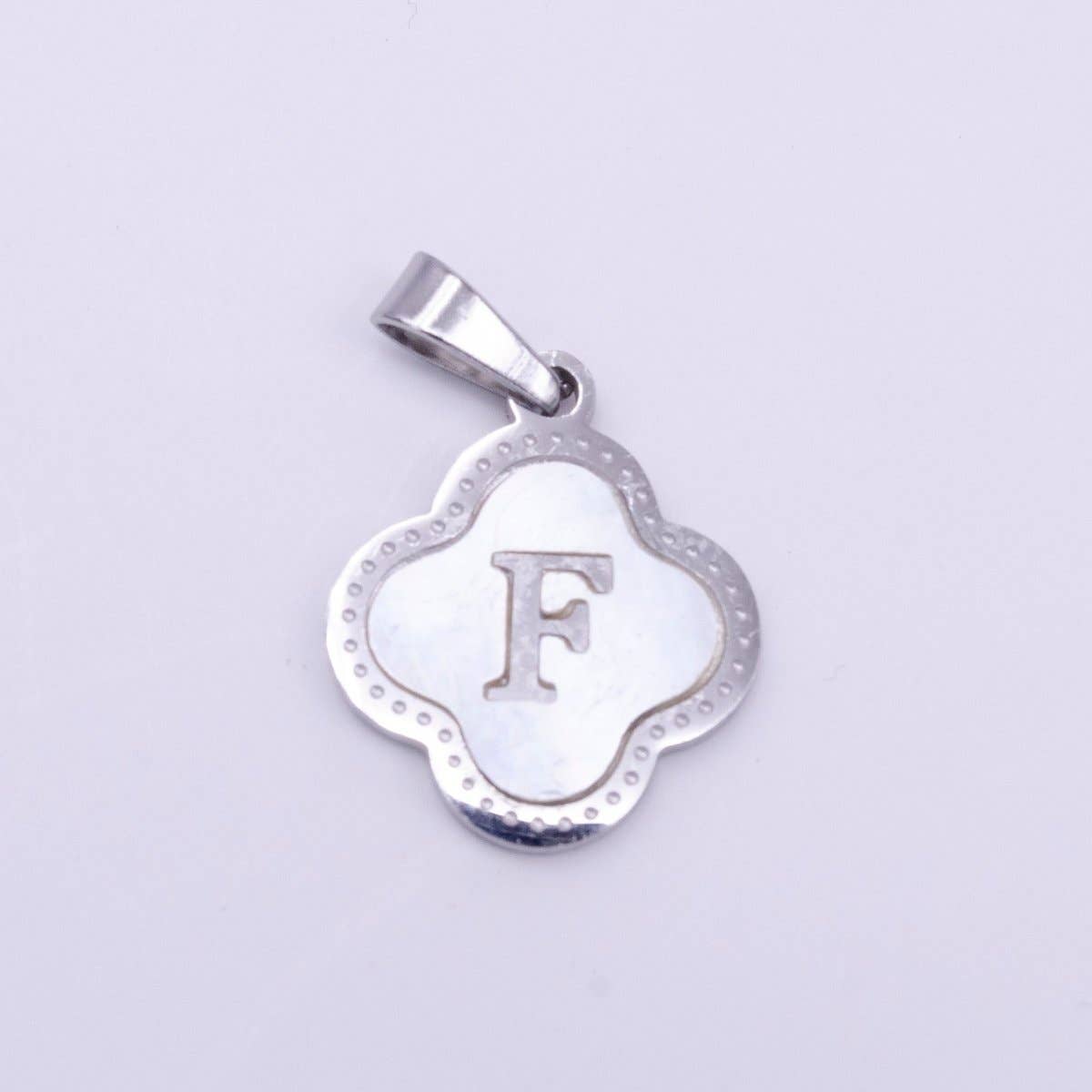 Stainless Steel A-Z Initial Letter Shell Pearl Quatrefoil Clover Silver Pendant Lucky Charm | A-754-A-766: ALL INITIAL