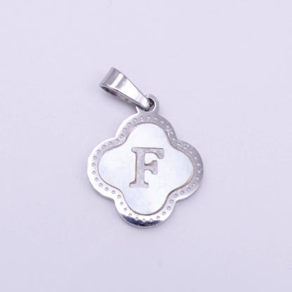 Stainless Steel A-Z Initial Letter Shell Pearl Quatrefoil Clover Silver Pendant Lucky Charm | A-754-A-766: ALL INITIAL