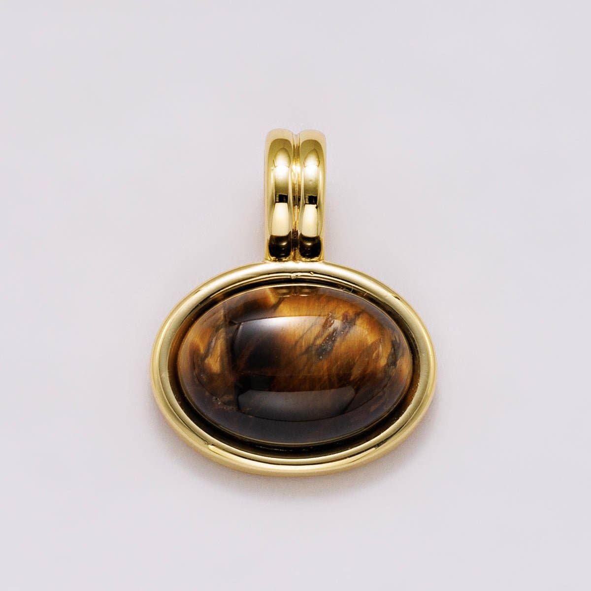 16K Gold Filled 21mm Tiger Eye Cabochon Natural Gemstone Oval Bezel Pendant | Charms-00548