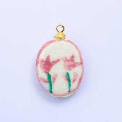 24K Gold Filled Nature Floral Mushroom Pet Sea Sell Ceramic Drop Charm: 21 Pink House