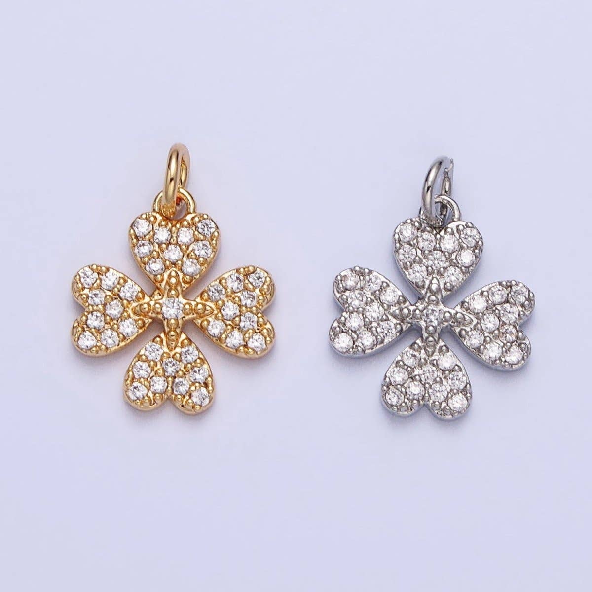 Gold, Silver Micro Paved CZ Heart Petal Clover Quatrefoil Add-On Charm | AC769 AC770: Gold