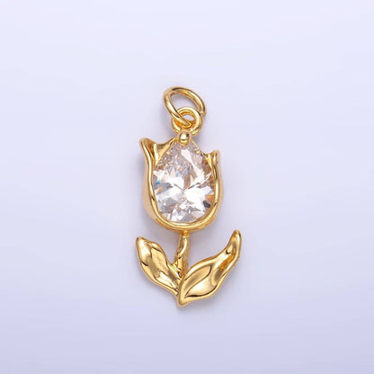 24K Gold Filled Clear, Pink CZ Tulip Charm in Gold & Silver | W819 W820 M182: Gold / Clear