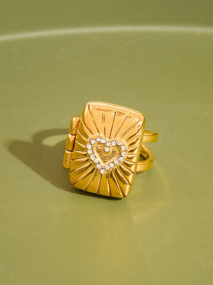 18K Gold Non-Tarnish CZ Heart Locket Ring