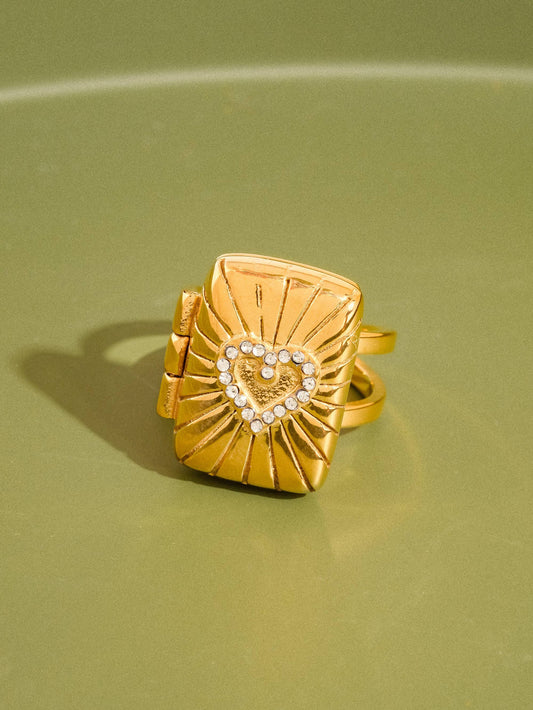 18K Gold Non-Tarnish CZ Heart Locket Ring