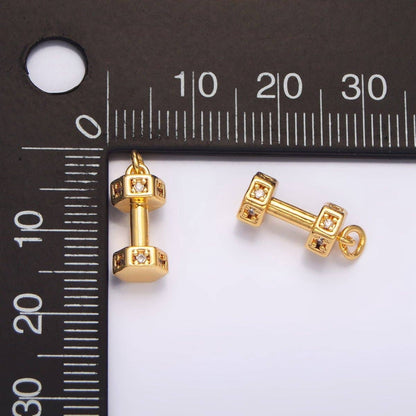 24K Gold Filled Micro Paved CZ Barbell Dumbbell Sports Multidimensional Charm | W097