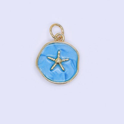 24K Gold Filled 15mm Enamel Floating Sea Starfish Charm in Blue & White | AF-527: Blue