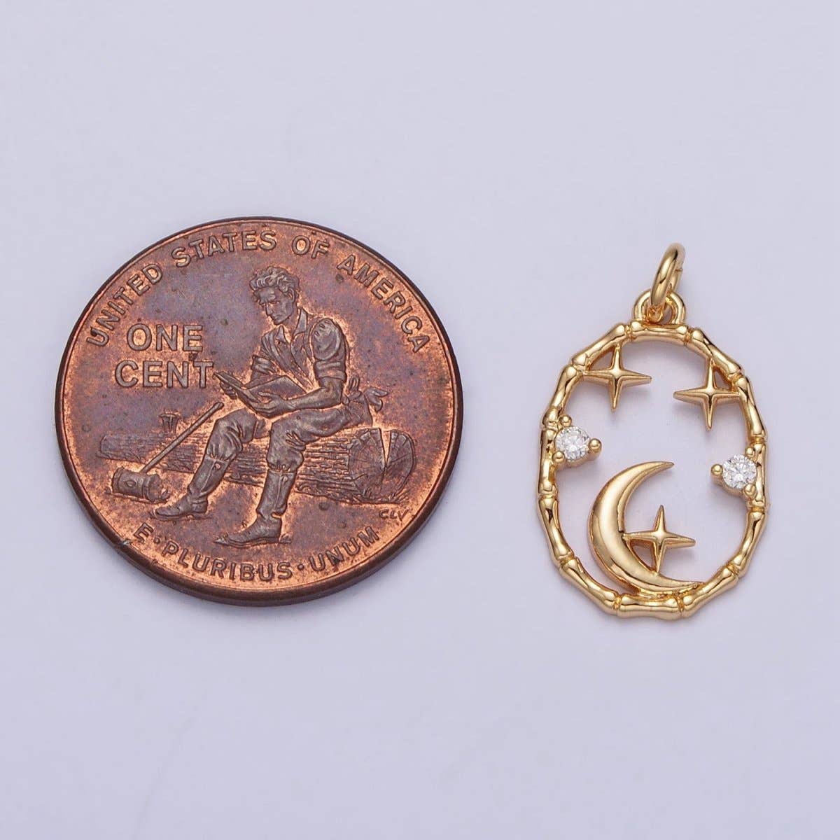 16K Gold Filled Celestial Crescent Moon Stars CZ Open Oval Charm in Gold & Silver N-247 AC-275: Silver